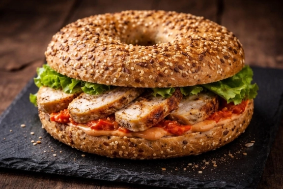 Grillezett csirkemelles, sült paprikakrémes bagel