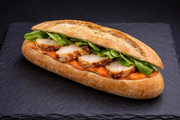 Grillezett csirkemelles, sült paprikakrémes mini bagett